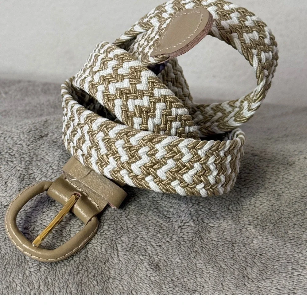 Braided Woven Belt Unisex Adult Size L XL Tan White Chevron Gold Buckle Nautical